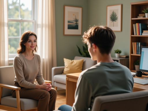 一对一情感咨询场景，咨询师与客户面对面交流，客户表情放松，咨询环境私密舒适